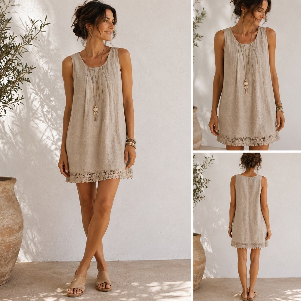 Rosemarine Linen Dress Womens S Tan Coastal Lagenlook Crochet Lace Made in Italy